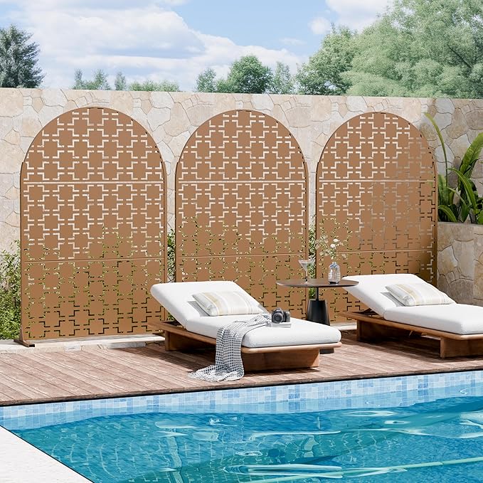 Casaphoria 72" H x 47" W Arched Metal Privacy Screen - Elegant Freestanding Outdoor Screen for Deck, Patio & Balcony - Versatile Decorative Privacy Panels for Home & Garden Use (Brown-Square)