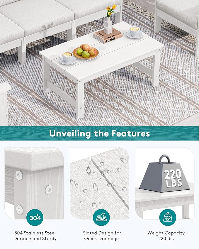 SERWALL HDPE Patio Coffee Table, Rectangle Outdoor Coffee Table, All-Weather Coffee Side Table for Balcony, Poolside, Deck, Garden, White