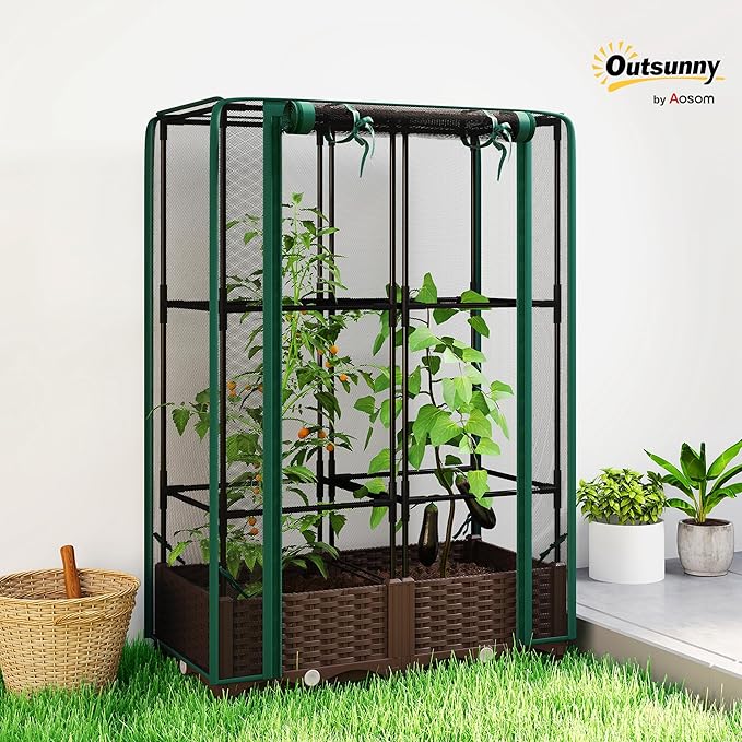 Outsunny Raised Garden Bed with Trellis, 46.5" Tomato Cage with Crop Cage, Self Watering Planter Box with Drainage Holes and Plugs for Outdoor Patio Climbing Plants, Vines, Vegetables, Flowers, Green