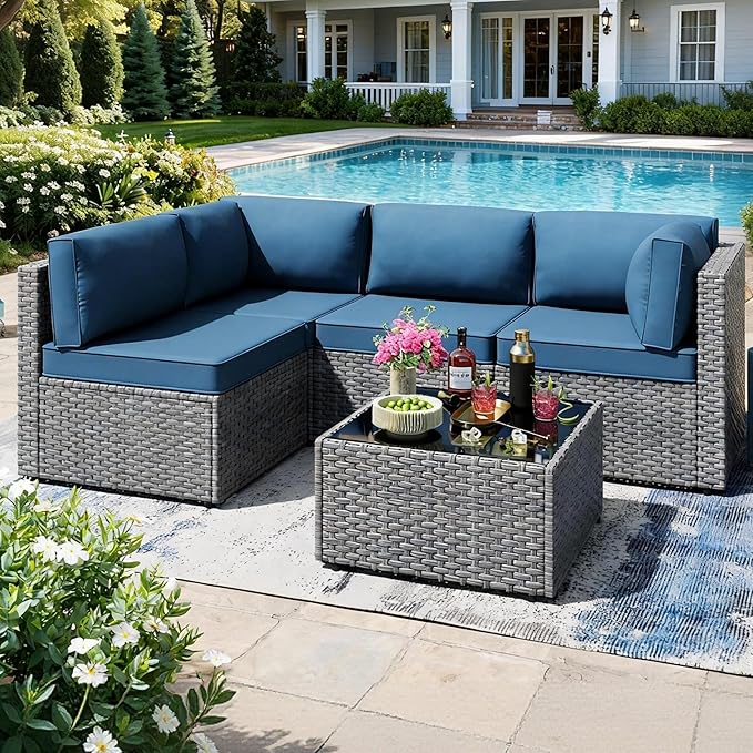SUNLEI 5pcs Patio Furniture Sets Conversation Set, Low Back All-Weather Rattan Sectional Sofa with Tea Table&Washable Couch Cushions, Outdoor Furniture Set (Silver Rattan)