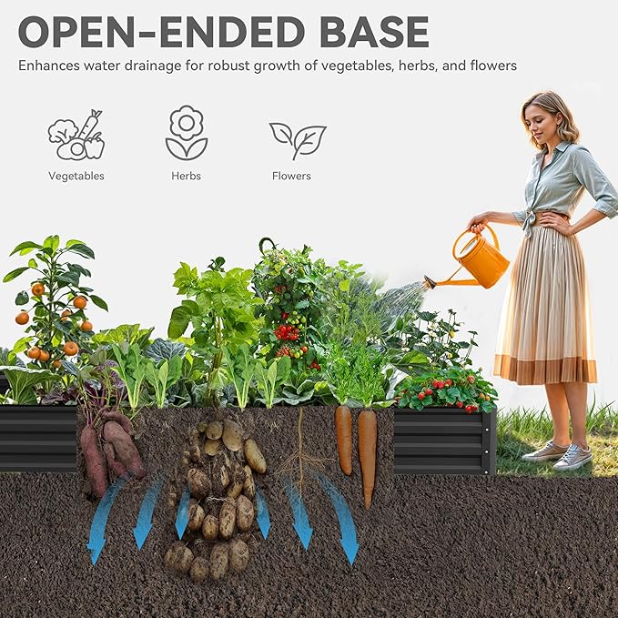 YITAHOME 144x48x12 in Galvanized Raised Garden Bed Kit, Large Metal Planter Box with Gloves, Safety Rubber & Support Rod, Outdoor Flower Bed for Plants Vegetables, Black