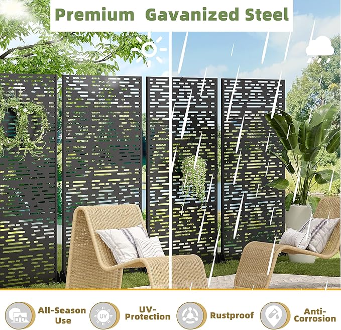 Casaphoria 72" H x 47" W Metal Privacy Screen, Outdoor Freestanding Decorative Divider for Patio, Deck, Balcony, and Garden with Stable Base, Black-Godfrey