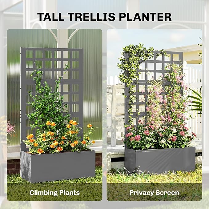 Outsunny Galvanized Raised Garden Bed with Trellis, Metal Planter Box with Drainage Holes, Outdoor Privacy Screen for Climbing Plants, Vegetable, Vines, 24" x 9" x 44.5", Gray