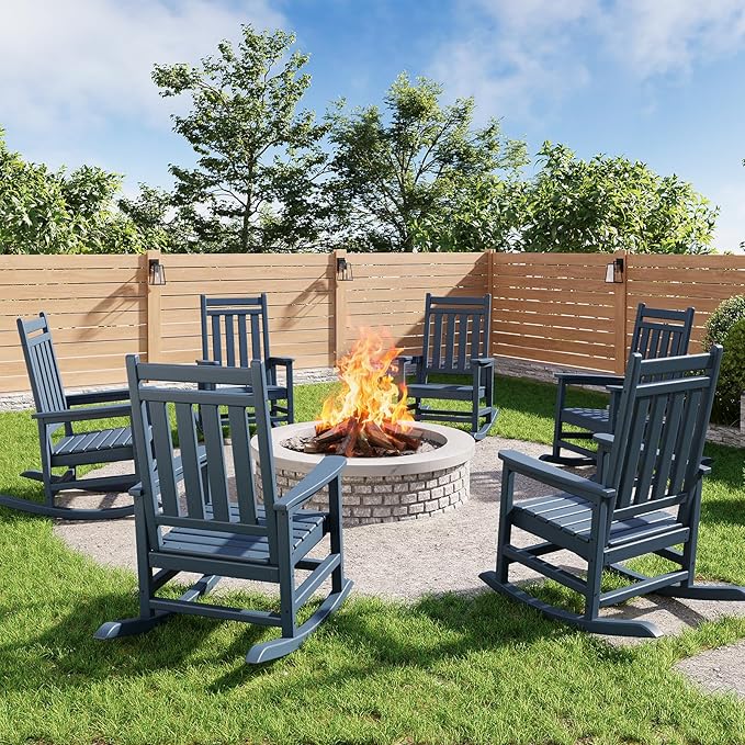 GarveeLife Poly Lumber Rocking Chair Outdoor Set of 6 - HDPE High Back Porch Rocker Chairs for Adults - All Weather Resistant Furniture for Patio - Navy Blue