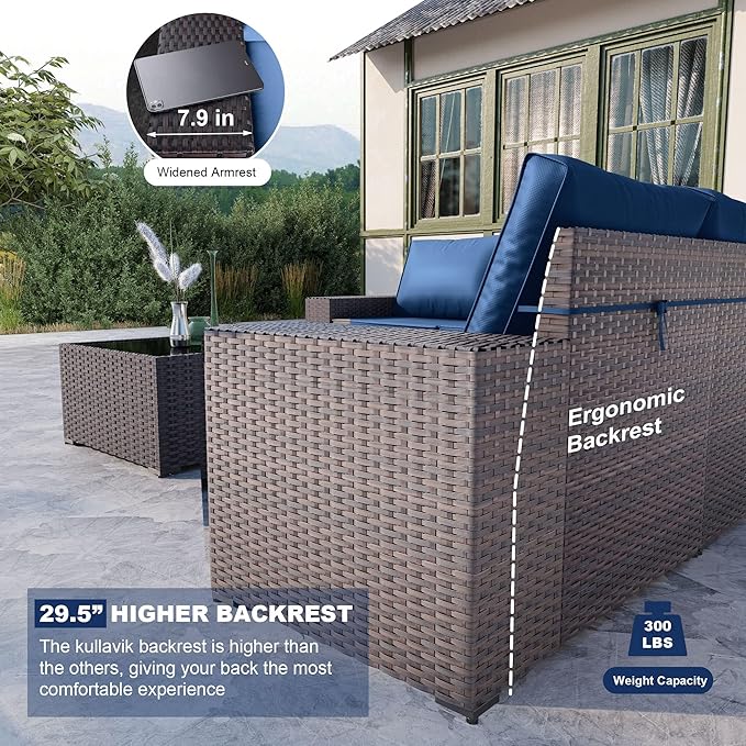 Kullavik 12 Pieces Outdoor Patio Furniture Set PE Wicker Rattan Sectional Sofa Patio Conversation Sets,Navy Blue
