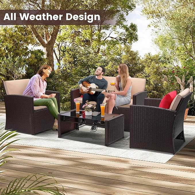 4-Piece Patio Furniture Set, Wicker Outdoor Rattan Sectional Sofa with Cushions and Glass Table, All-Weather Outdoor Conversation Set, Ideal for Garden, Porch, Backyard, Beige
