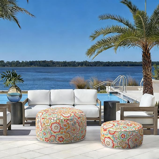 LVTXIII Indoor/Outdoor Inflatable Ottoman with Handle D21 x H9 Inch, Weather-Resistant Round Footstool Pouf for Patio Camping Living Room, Portable Footrest Extra Seating, Flower Multi