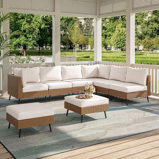 LAUSAINT HOME Outdoor Patio Furniture, 8 Piece Outdoor Sectional Sofa PE Rattan Wicker Patio Conversation Sets,All Weather Patio Furniture Set with Thick Cushions for Garden, Poolside, Backyard(Beige)