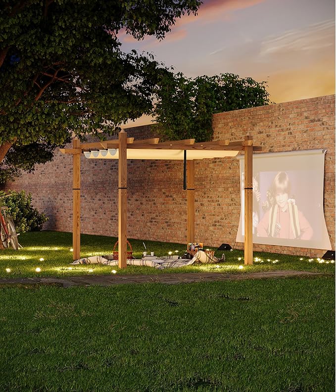 10 x 10 ft Aluminum Pergola with Adjustable Canopy, Outdoor Metal Pergola, Imitation Wood-Grain Sun Shade Shelter for Garden Patio Backyard Deck
