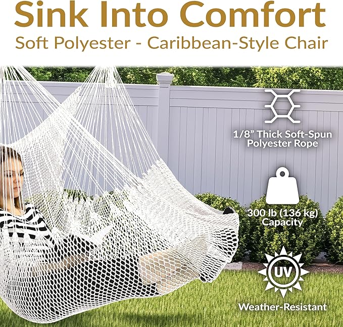 Sunnydaze Outdoor Hammock Chair Swing - Hanging Hammock Swing - Hanging Reading Chair - Soft-Spun Polyester Rope - Caribbean XL - Tan