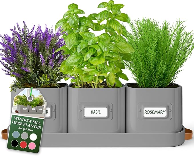 volila Herb Planter Indoor - Set of 3 Grey Indoor Herb Garden Pots for Plants with Leather Handled Tray - Window Sill Plant Shelf - Herb Pots with Drainage Holes and Labels
