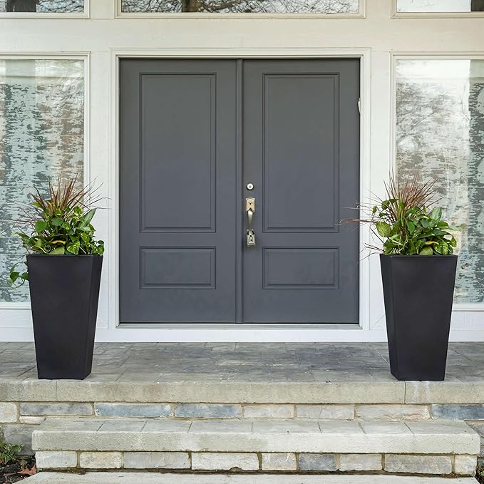 Step2 Tremont Tall Square Tapered Planter, 28", Indoor/Outdoor Plants, Efficient Drainage, Durable Resin, Onyx Black