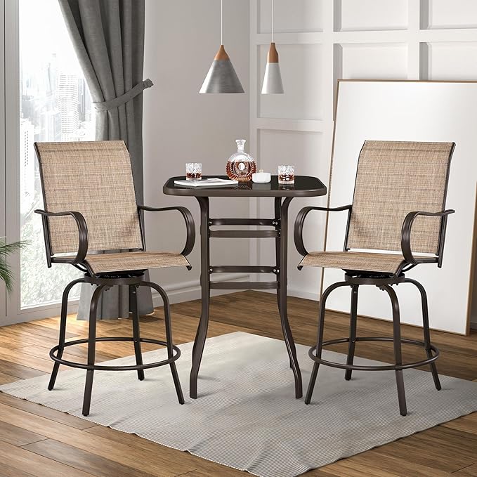Yaheetech Patio Swivel Barstools Outdoor Chairs Set of 2, High Bistro Stools Outdoor Furniture, All-Weather Patio Stools for Outside, Beach, Lawn, Poolside and Garden, Brown