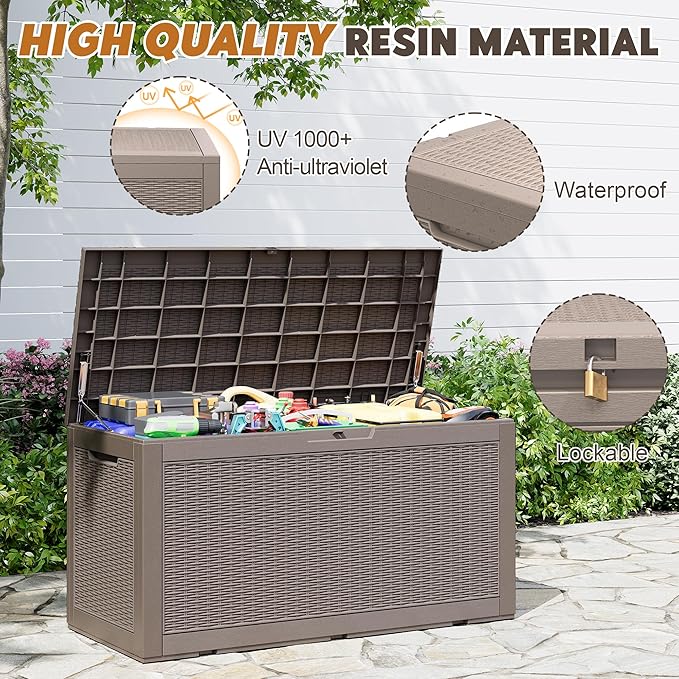 Outdoor Storage Box, Resin Deck Boxes Indoor and outdoor, Waterproof Storage Box Lockable Lid (Grey, 101 Gallon)