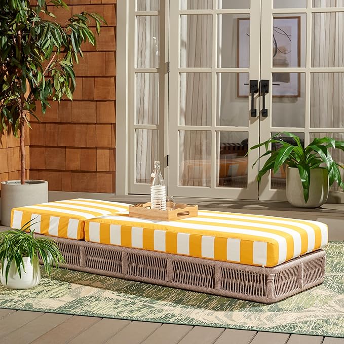 SAFAVIEH Outdoor Collection Gillian Heather Tan & Yellow Stripe Chaise Lounge Chair (Fully Assembled)