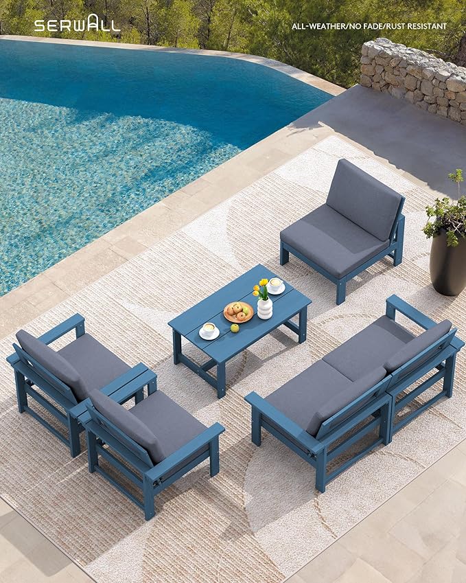 SERWALL HDPE Patio Conversation Set, 6-piece Sectional Outdoor Furniture Set, All Weather Outdoor Couch Set Patio Furniture Set for Deck, Lawn, Blue Frame with Grey Cushion