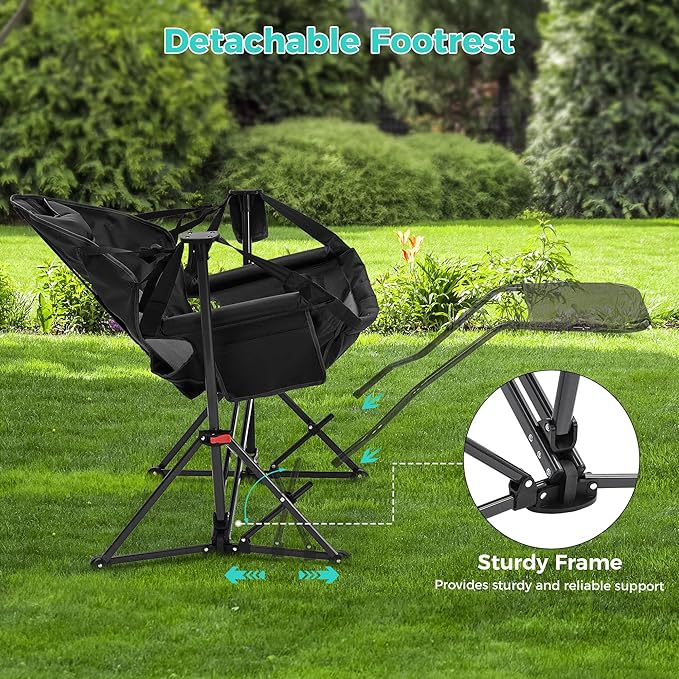 Ainfox Hammock Camping Chair with Footrest, Foldable Portable Rocking Chairs for Adults Outside Swinging Camp with Cup Holder Pillow for Outdoor Patio Poolside (Dark Black)