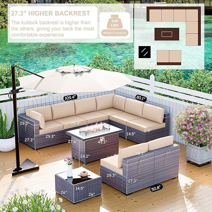 Kullavik 10 Pieces Outdoor Patio Furniture Set with 43" 55000BTU Gas Propane Fire Pit Table PE Wicker Rattan Sectional Sofa Patio Conversation Sets,Khaki