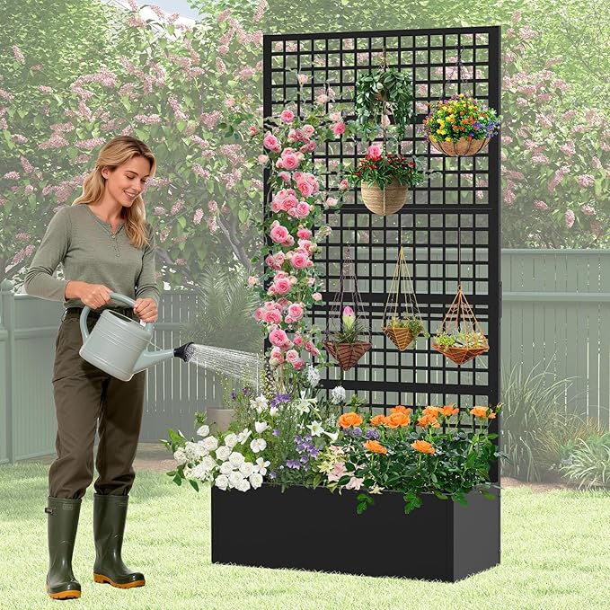 Metal Planter Box with Trellis 36" L x 16" W x 72" H, Raised Garden Bed with Privacy Screen, Privacy Planters for Climbing Plants, Flowers, Vegetables, Fruits