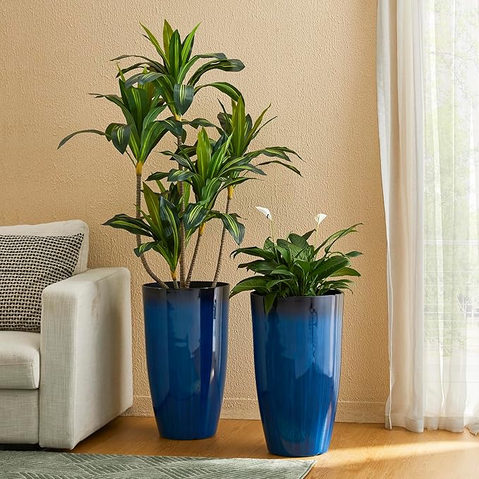 Glitzhome 23.5" H Oversized Tall Round Tapered Planter, Set of 2 Large Gradient Cobalt Blue Faux Ceramic Tall Planters Pots, Plastic Flower Pots with Drainage Holes for Front Porch Patio Garden Deck