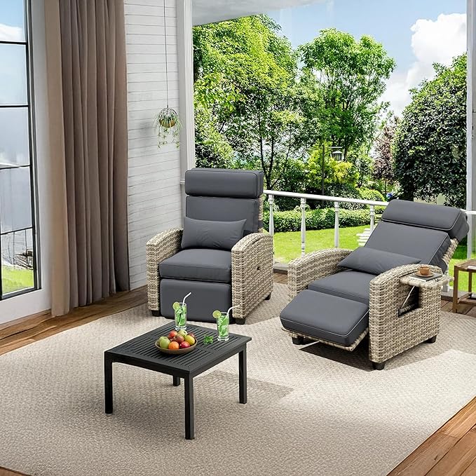 Towallmark Adjustable Rattan Recliner Chair, Patio Lounge Chairs with Cushion, Outdoor Porch Chaise with Flip Up Side Table & Footrest for Porch, Outside Balcony, Deck
