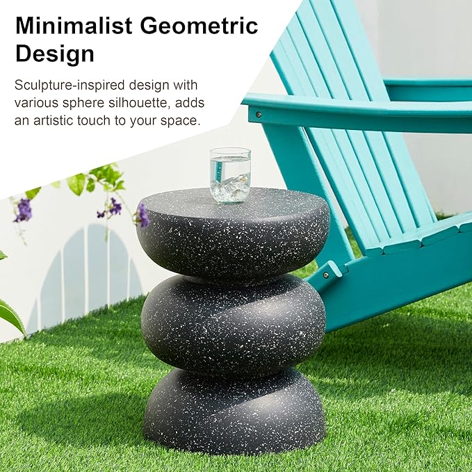 Glitzhome Outdoor Side Table Set of 2, 18" H Decorative Garden Stool MgO Faux Terrazzo End Table, Heavy Duty Indoor Outdoor Round Planter Stand for Living Room Bedroom Patio Deck Poolside,Black