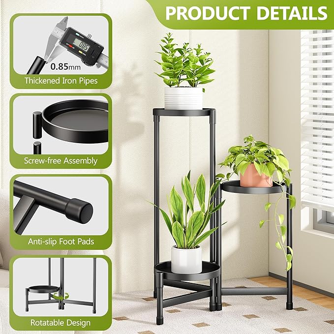 3 Tier Plant Stand Indoor, Tiered Plant Stand Outdoor for Multiple Plants, Corner Plant Shelf for Patio Balcony Porch Garden Living Room House, Black