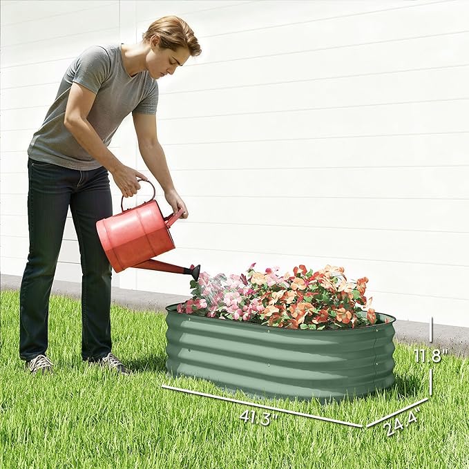 Outsunny 3.5' x 2' x 1' Galvanized Raised Garden Bed Kit, Outdoor Metal Elevated Planter Box with Safety Edging, Easy DIY Stock Tank for Growing Flowers, Herbs & Vegetables, Green