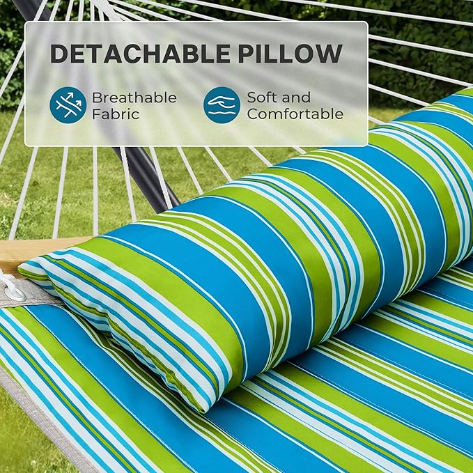 SUPERJARE Curved-Bar Hammock with Stand, 2 Person Heavy Duty Hammock Frame, Detachable Pillow & Portable Carrying Bag, Perfect for Outdoor & Indoor, Thin Blue and Green Stripes