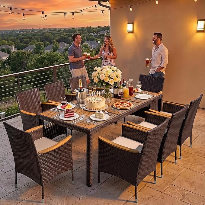 Greesum 9 Pieces Outdoor Patio Dining Set, Conversation Sets with 1 Table and 8 Rattan Chairs with Curved Acacia Wooden Armrests and Cushions, Brown