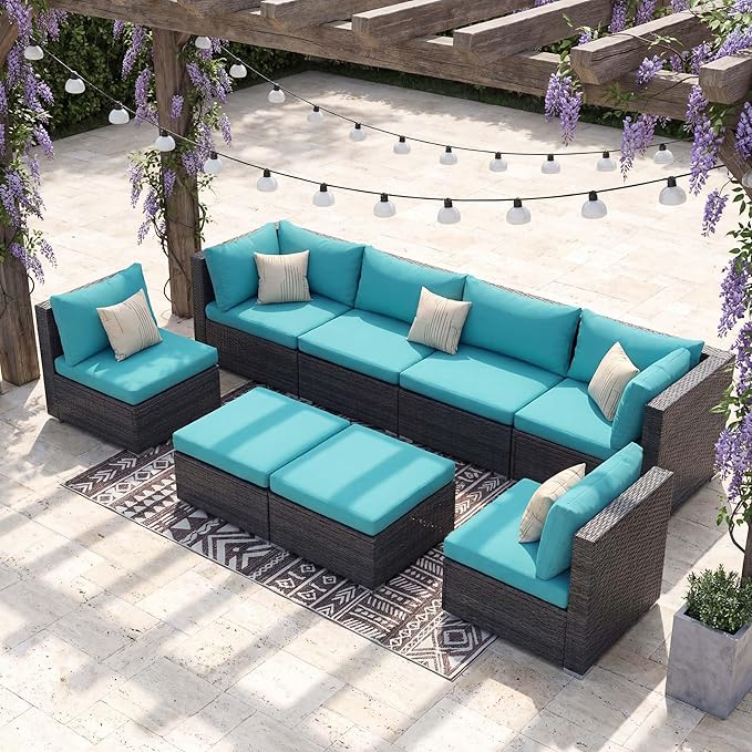 NICESOUL 8 People Outdoor Seating Furniture, 29.3'' High Back Comfortable Wicker Patio Sectional Sofas with Ottoman, Deep Seats Oversized Conversations for Exteriors, 2 Color Cushion Turquoise & Gray