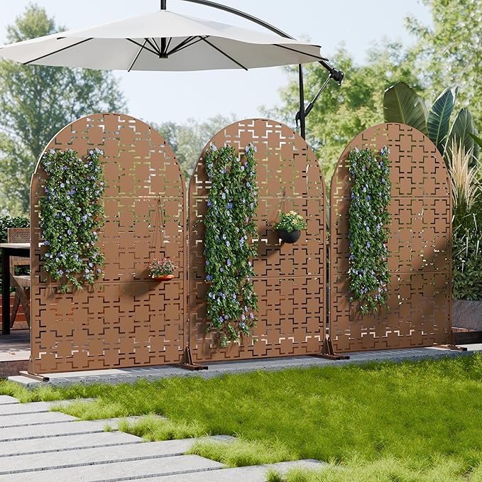 Casaphoria 72" H x 47" W Arched Metal Privacy Screen - Elegant Freestanding Outdoor Screen for Deck, Patio & Balcony - Versatile Decorative Privacy Panels for Home & Garden Use (Brown-Square)