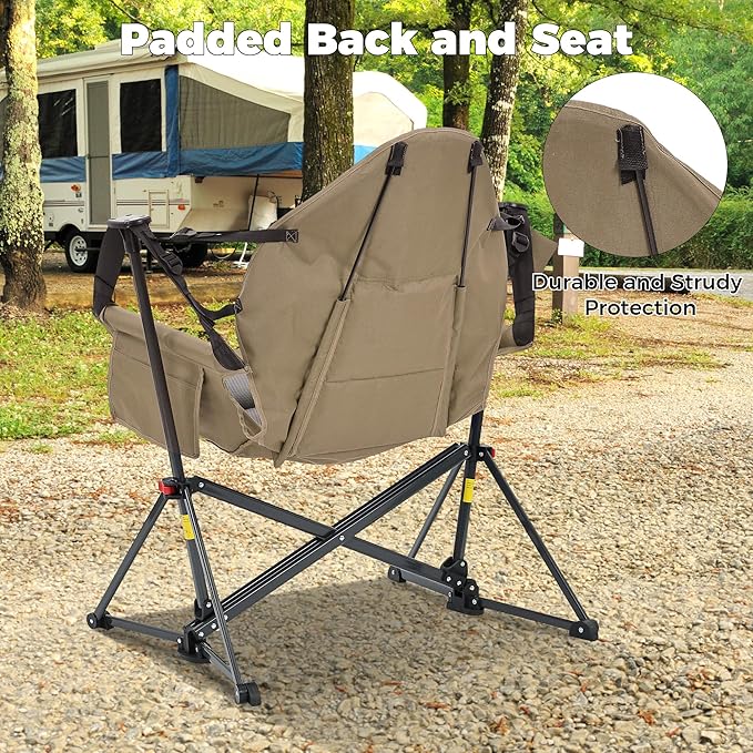 Ainfox Hammock Camping Chair, Foldable Portable Rocking Chairs for Adults Outside Swinging Camp with Cup Holder Pillow for Outdoor Patio Poolside (Brown)