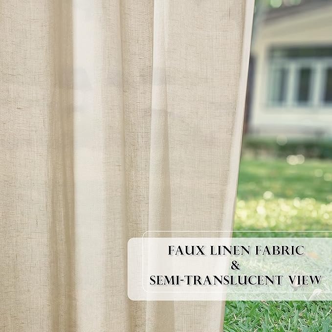RYB HOME Outdoor Linen Curtains for Porch Waterproof Light & Airy Faux Linen Textured Drape for Balcony Backyard Cabana, 52 Inch Wide by 96 Inch Length, Beige, 2 Pieces