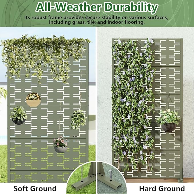 Casaphoria Metal Privacy Screen Outdoor, 60" x 30" W Freestanding Decorative Privacy Screen for Patio Deck Balcony Garden with Stable Base, Green-Brick