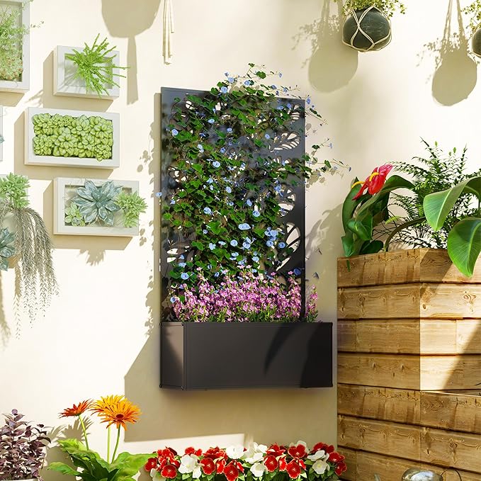 Outsunny Metal Raised Garden Bed with Trellis for Climbing Plants, Freestanding or Wall Mounted Flower Bed with Privacy Panel, Twigs and Leaves Cut-Outs Outdoor Planter Box for Garden, Patio, Balcony