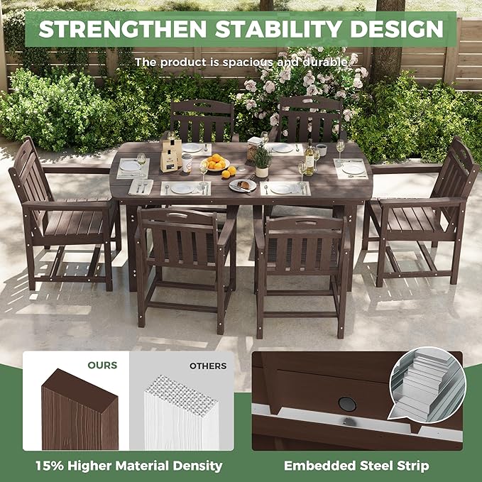 HDPE Outdoor Patio Dining Set with Table & 6 Chairs, All-Weather 7-Piece Outdoor Table and Chairs, 2" Umbrella Hole, Patio Furniture for Garden, Backyard, Deck | Brown