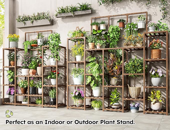 EnHomee Plant Stand Indoor Wood Plant Stand Outdoor Tiered Plant Shelf for Multiple 16-21 Potted Plants for Living Room Patio Balcony Yard Garden 44.9" W x 11.8" D x 62.2" H