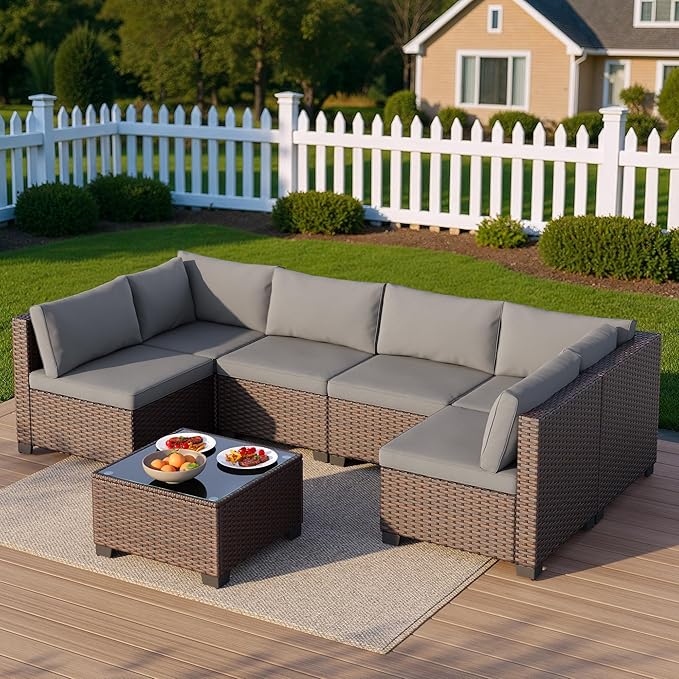 7 Pieces Outdoor Patio Furniture Set, PE Rattan Outdoor Wicker Sectional Furniture Sofa Set, with Cushions and Glass Coffee Table, for Balcony, Porch, Garden, Grey