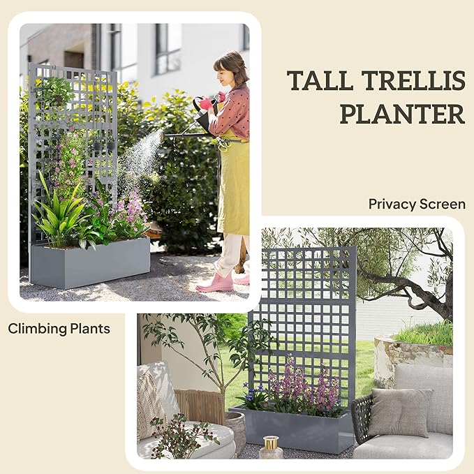Outsunny Galvanized Raised Garden Bed with Trellis, Metal Planter Box with Drainage Holes, Outdoor Privacy Screen for Climbing Plants, Vegetable, Vines, 43" x 16" x 70", Gray Wood Effect