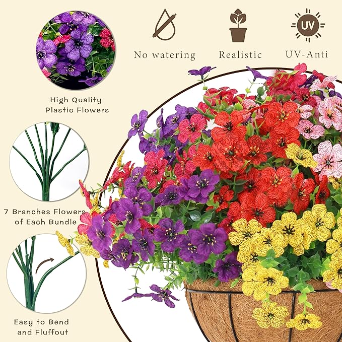 Senjie 2 Set Artificial Hanging Flowers with Basket for Outdoor Decor, UV Resistant 24 Bundles Faux Flowers Fake Hanging Planter for Porch Patio Balcony