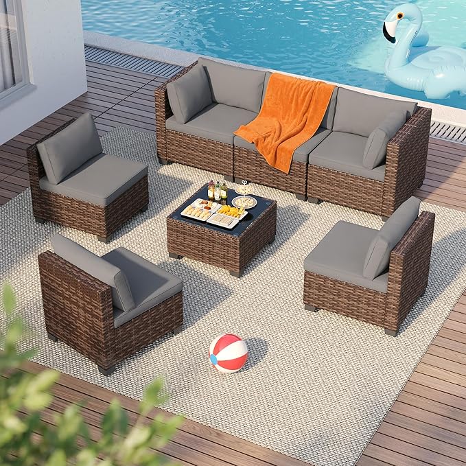7 Pieces Patio Furniture Set, Outdoor Sectional Rattan Sofa Set, Wicker Patio Conversation Set with Cushions and Glass Coffee Table, for Balcony, Porch, Garden, Grey