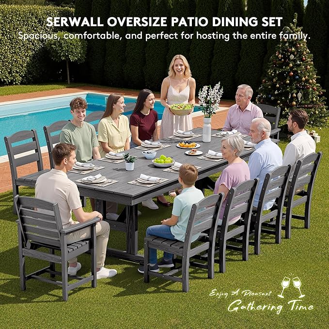 SERWALL 11 Piece Outdoor Dining Set, 84" HDPE Outdoor Table and Chairs for 10，All Weather Patio Furniture Set with Umbrella Hole for Backyard, Garden, Gray