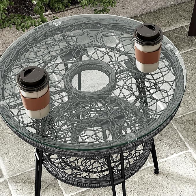 Furniture of America Ysar Boho 19-inch Round Coffee Table Outdoor with Tempered Glass Top and Metal Frame, Handcrafted Coastal Furniture for Patio, Poolside, Garden, Yard, Black