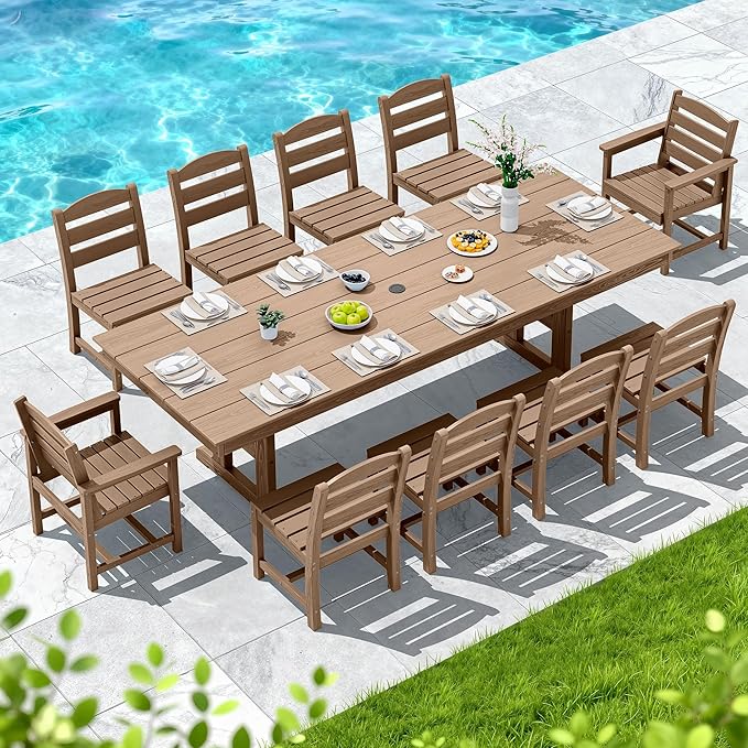 SERWALL 11 Piece Outdoor Dining Set, 84" HDPE Outdoor Table and Chairs for 10，All Weather Patio Furniture Set with Umbrella Hole for Backyard, Garden, Brown