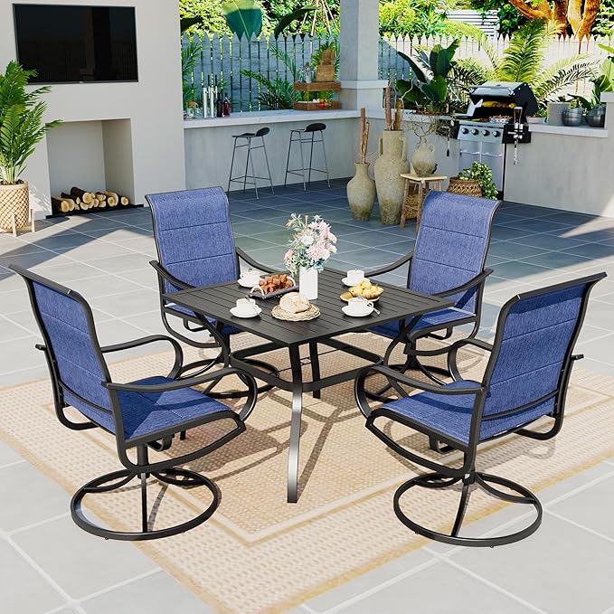 Sophia & William Outdoor Patio Dining Set 5 Pieces, 4 x Textilene Swivel Patio Chairs with Padded and 37" Square Metal Dining Table, Outdoor Table and Chair Set for Lawn Garden (Blue)