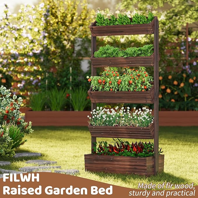 FILWH Wooden Raised Garden Bed Vertical Planter Box, Freestanding Plant Stand for Indoor Outdoor Plants, Herbs, Flowers, Vegetables, Gardening (Carbonized, 5-Tier，29.9 x 17.9 x 68in)