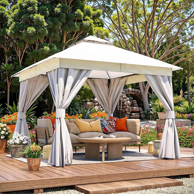 LAUSAINT HOME Semi-Permanent Outdoor Patio Gazebo 10'x10', Heavy Duty Party Tent Shelter with Double Roofs, Mosquito Nettings and Privacy Screens for Backyard, Garden, Lawn, Cream White