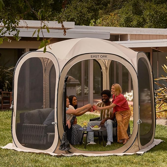 East Oak Screen House Tent Pop-Up, Portable Screen Room Canopy Instant Screen Tent 10 x 10 FT with Carry Bag for Patio, Backyard, Deck & Outdoor Activities, Beige