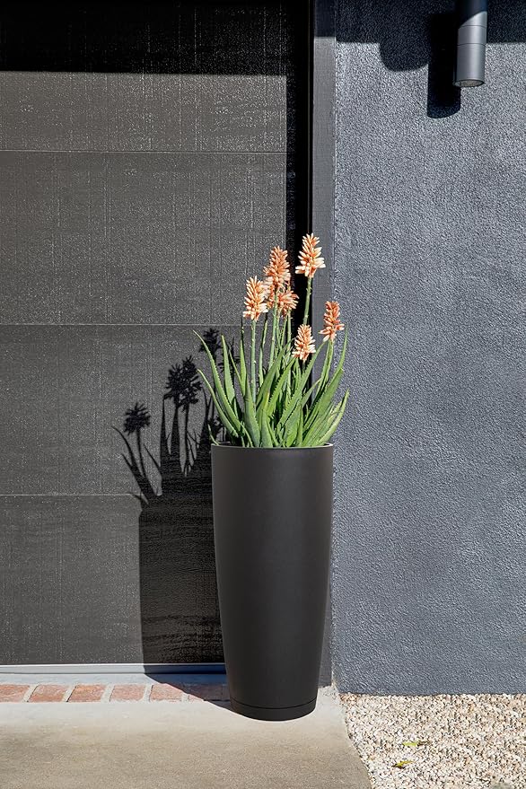 Veradek Vega Round Tall Planter Pots for Indoor/Outdoor Use | Made from Plastic - Stone Mix with Drainage Holes | Perfect for Small to Large Succulent Plants, Flowers, Modern Interior Plants